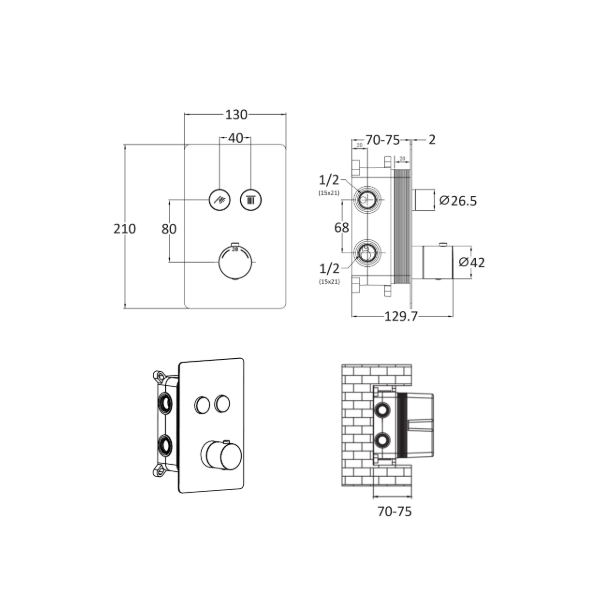 Conjunto de ducha termostática empotrada cromada dimensiones